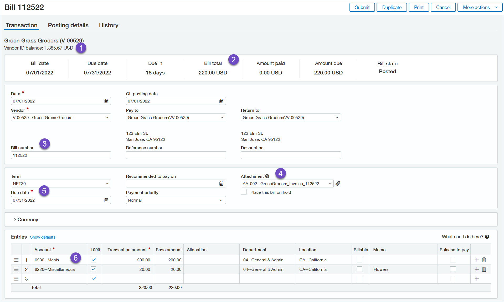 The Transaction tab of a Bill page.