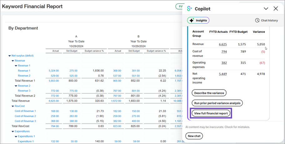 Shows the applicable financial report with data for all account groups per user permissions.