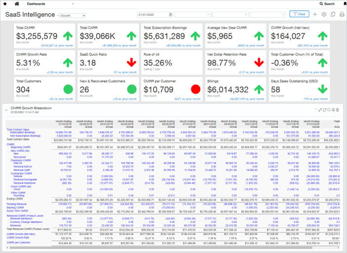 SaaS Intelligence dashboard performance cards and reports