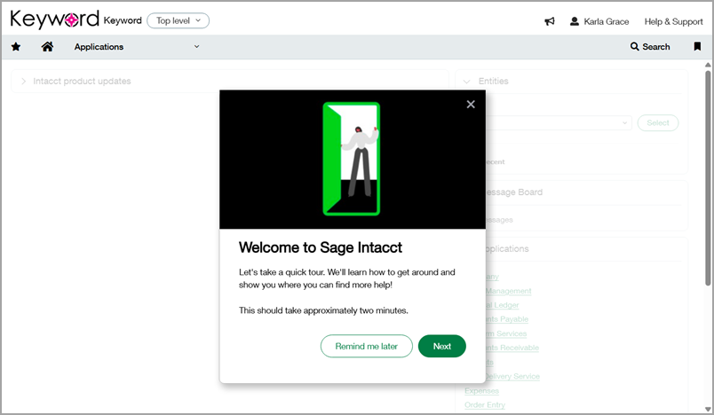 Welcome to Sage Intacct popup window.