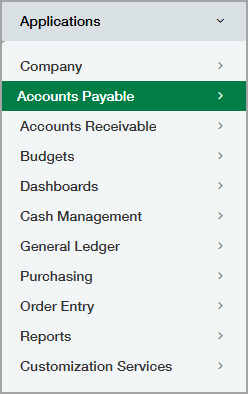 Application menu with Accounts Payable highlighted.