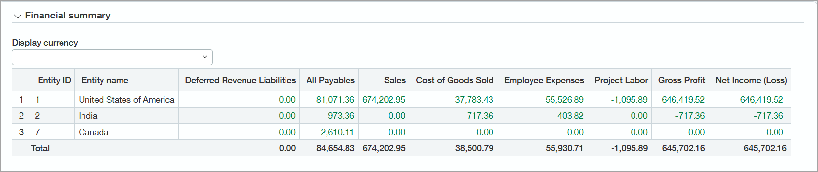 The Financial summary for the project is shown in US dollars (the default) and the Display currency menu is blank.