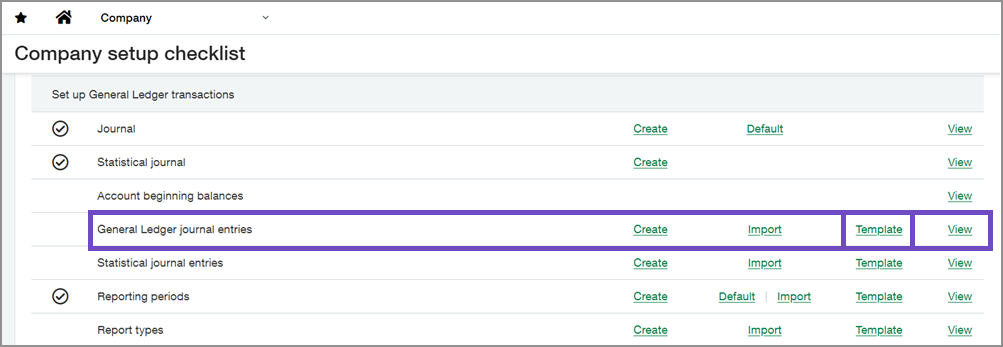 Where to find the GL journal entry template on the Company Setup Checklist page.