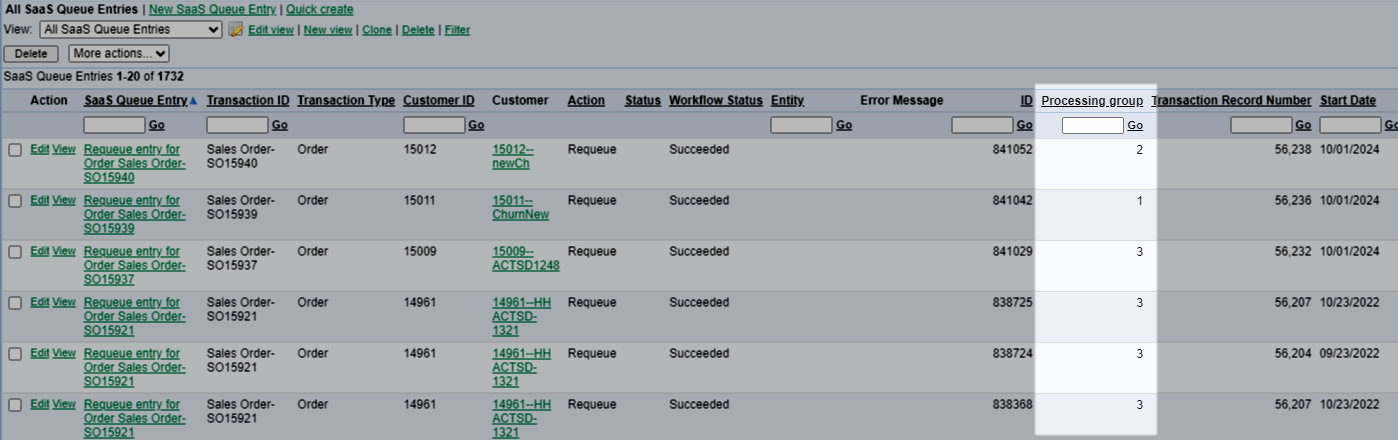 SaaS Queue page showing the new Processing Group column with customers sorted into groups 1, 2, and 3