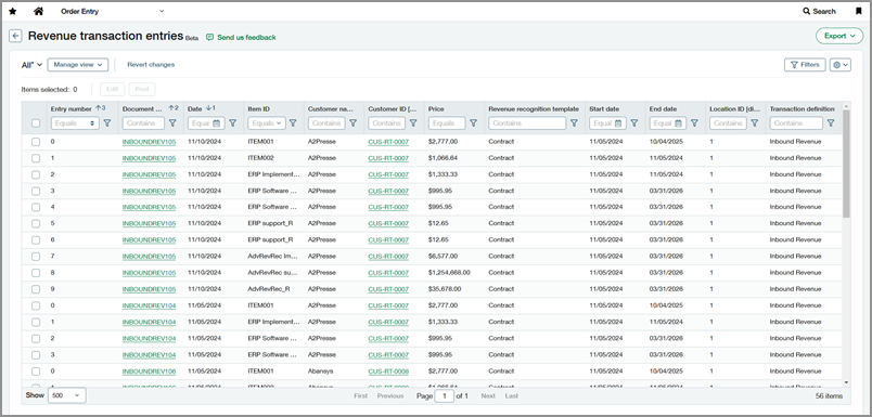 The Revenue transaction entries page.