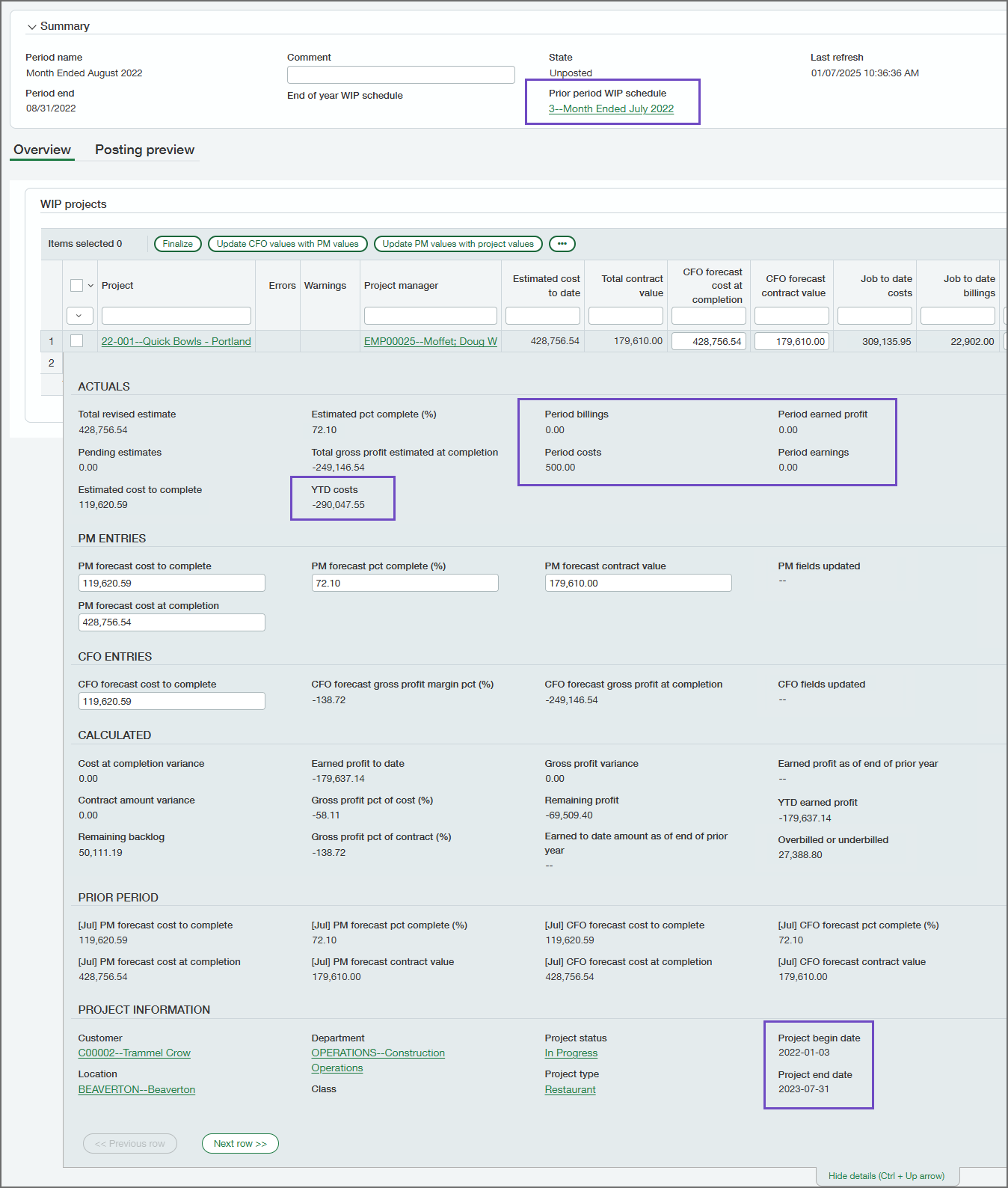 WIP schedule page with new fields circled