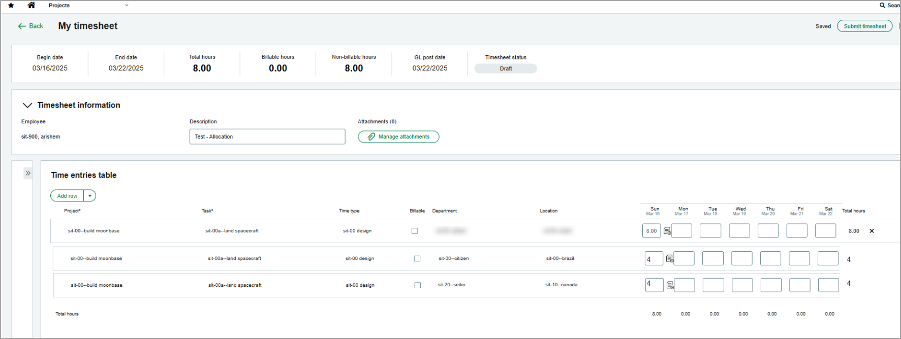 Distributed timesheet entries.