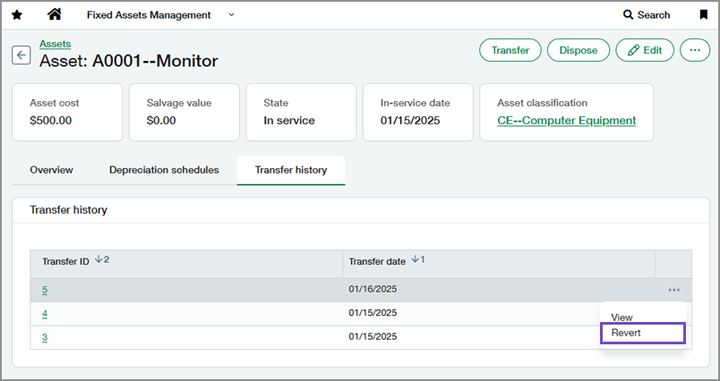 Transfer history tab of an asset showing the revert transfer button.