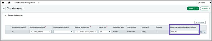 Depreciation rules section on an asset showing the new Historical accumulated depreciation field.