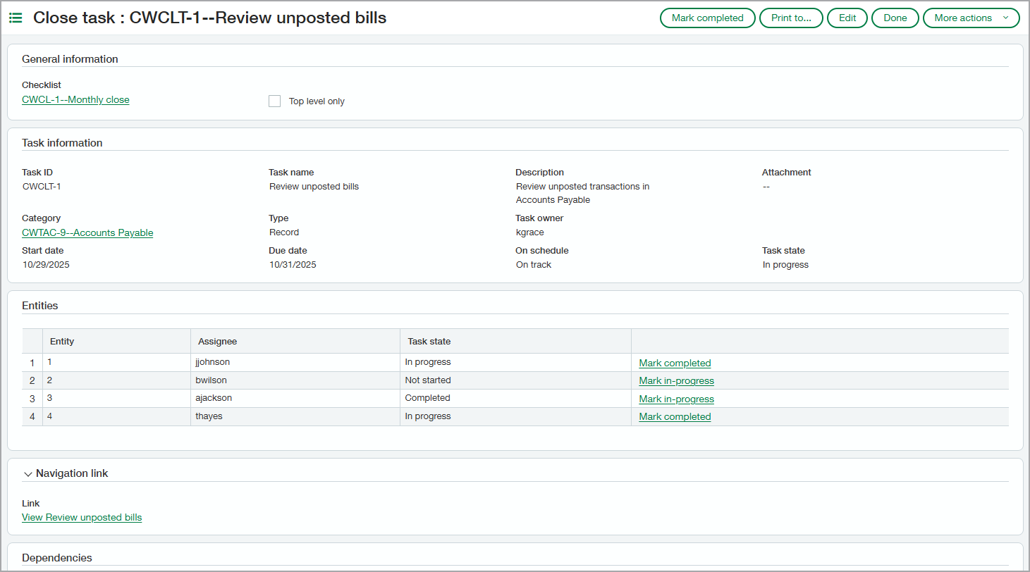 A close task page showing task assignments in each entity.
