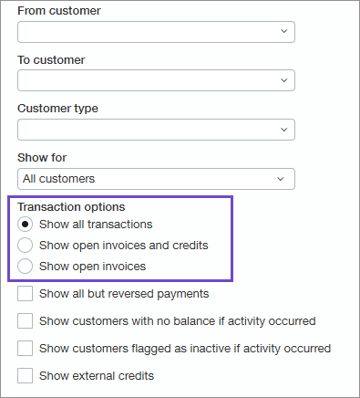 Transaction options for customer statements.