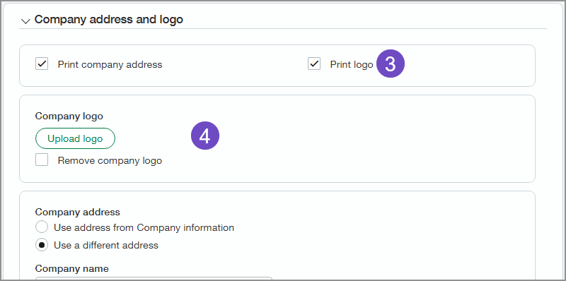 Company address and logo section, Print logo selected