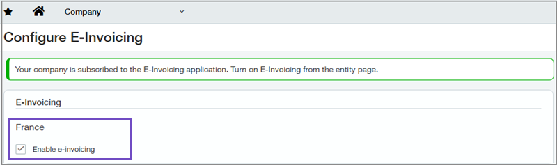 Configure E-Invoicing page, with Enable e-invoicing option highlighted