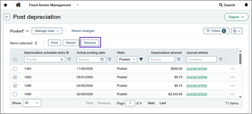 Post depreciation page showing the Reverse button