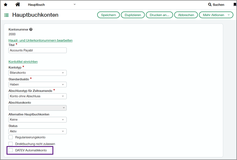 General Ledger account page in German with a callout box around the DATEV automatic account field.