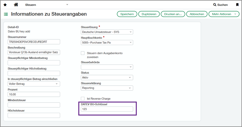 Tax detail page in German with a callout box around the DATEV BU key field.
